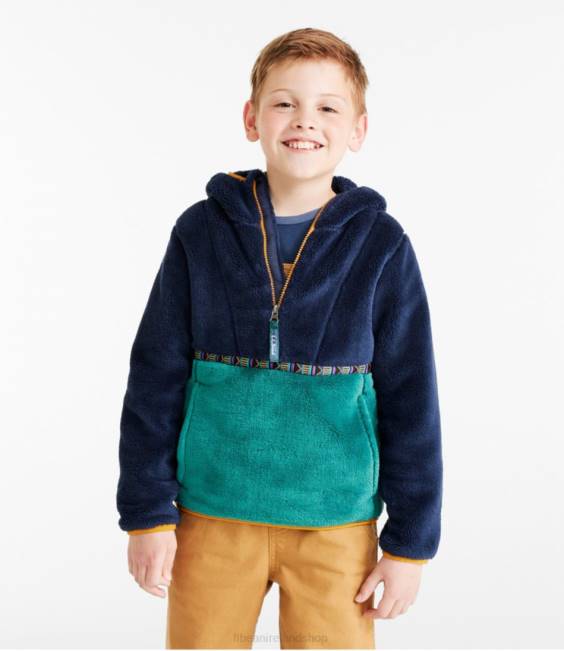 LLBean Hi-Pile Fleece Hooded Pullover Kids J46J3461 Outerwear Bright Navy/Warm Teal