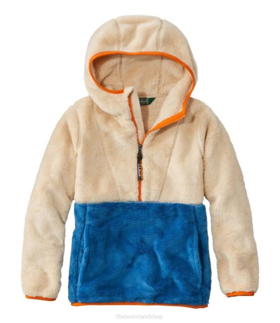 LLBean Hi-Pile Fleece Hooded Pullover Kids J46J617 Outerwear Natural/Marine Blue