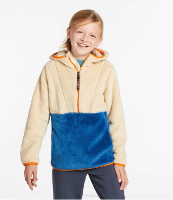 LLBean Hi-Pile Fleece Hooded Pullover Kids J46J617 Outerwear Natural/Marine Blue