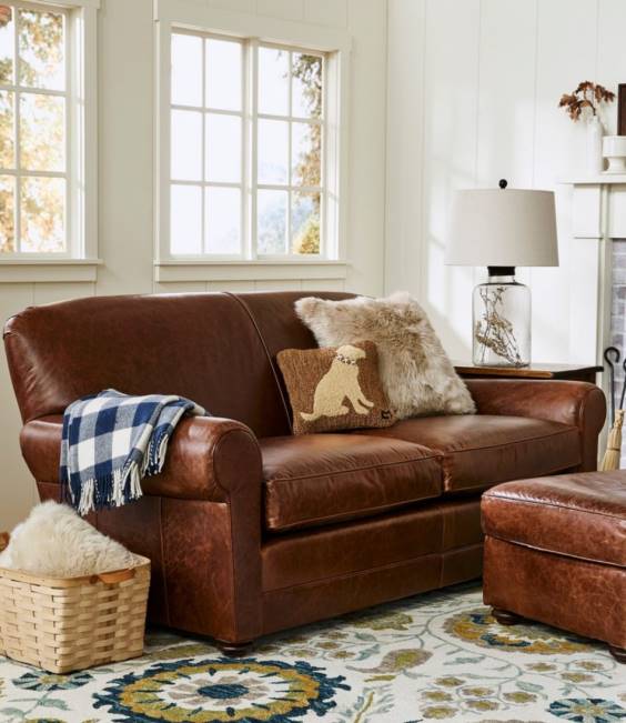 LLBean Leather Lodge Sofa Unisex J46J2889 Indoor Furniture Chestnut Brown