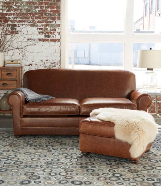 LLBean Leather Lodge Sofa Unisex J46J2889 Indoor Furniture Chestnut Brown