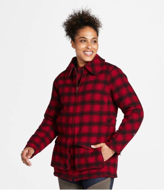 LLBean Maine Guide Wool Parka Women J46J940 Outerwear Red/Black Plaid
