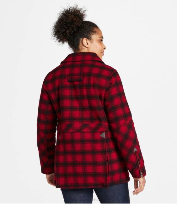 LLBean Maine Guide Wool Parka Women J46J940 Outerwear Red/Black Plaid