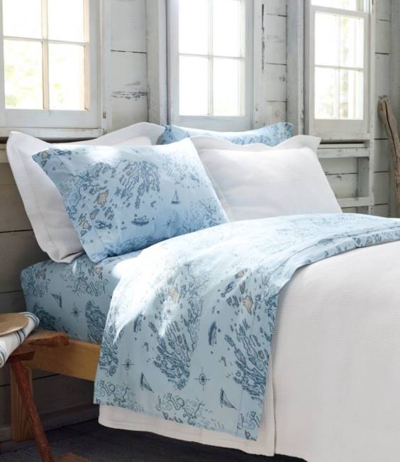 LLBean Nautical Map Percale Sheet Collection Unisex J46J2470 Bedding Light Blue