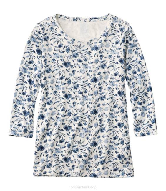 LLBean Pima Cotton Shaped Jewelneck Tee Women J46J5770 Clothing Sea Salt Watercolor Floral