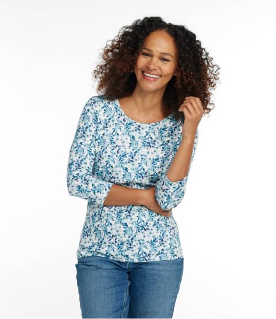 LLBean Pima Cotton Shaped Jewelneck Tee Women J46J5770 Clothing Sea Salt Watercolor Floral