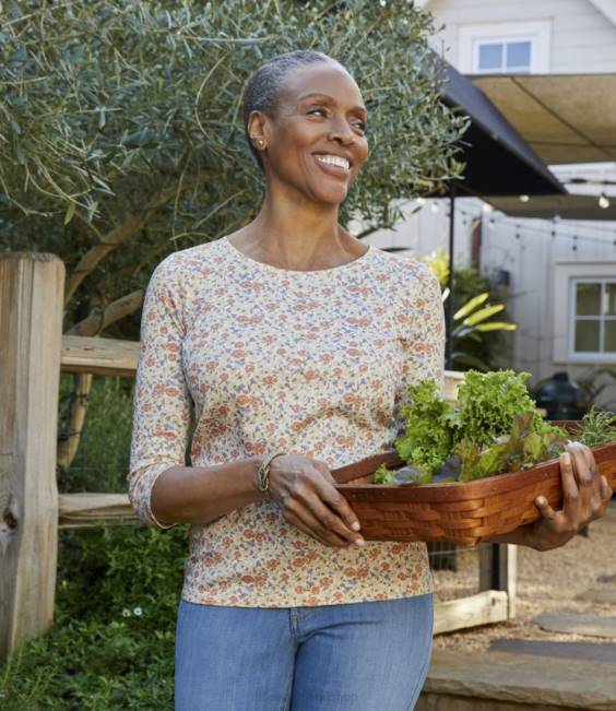 LLBean Pima Cotton Shaped Jewelneck Tee Women J46J5770 Clothing Sea Salt Watercolor Floral