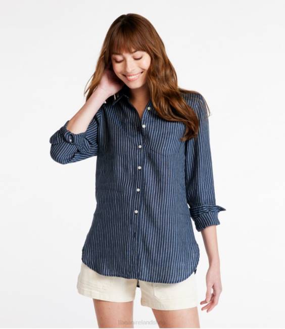 LLBean Premium Washable Linen Shirt Women J46J272 Clothing Vintage Indigo Stripe
