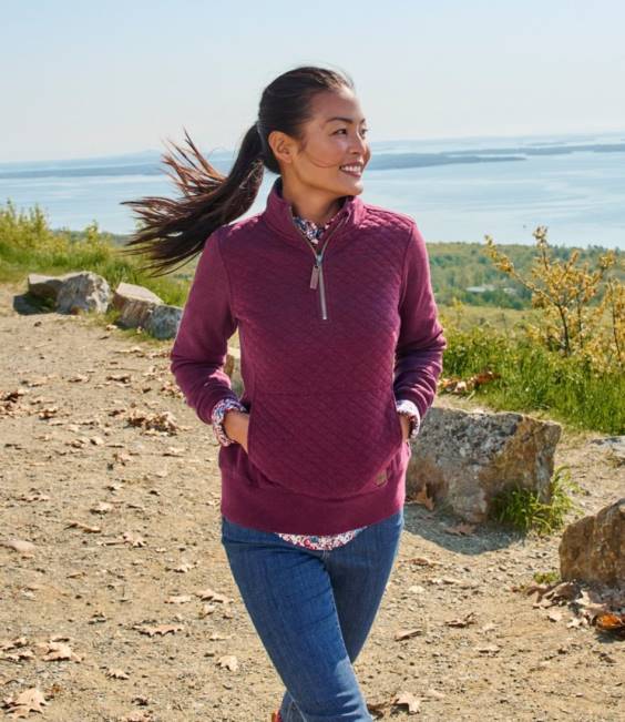LLBean Quilted Quarter-Zip Pullover Women J46J5676 Clothing Deep Wine
