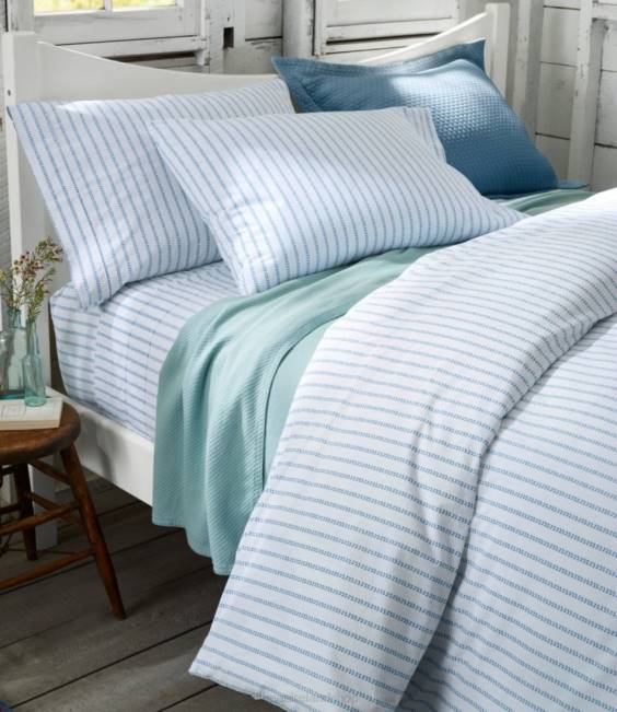 LLBean Sunwashed Percale Comforter Cover Stripe Leaf Unisex J46J2706 Bedding Peak Blue