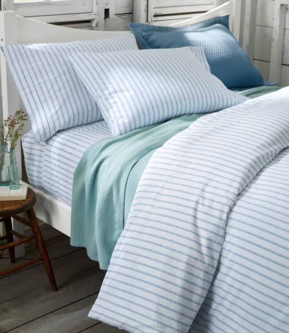 LLBean Sunwashed Percale Sheet Collection Stripe Leaf Unisex J46J2623 Bedding Peak Blue