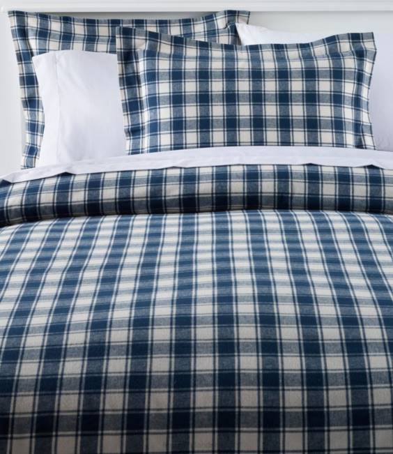 LLBean Ultrasoft Comfort Flannel Comforter Cover Collection Check Unisex J46J6369 Bedding Mariner Blue/Natural