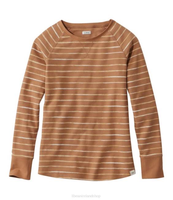 LLBean Unshrinkable Mini-Waffle Tee Women J46J123 Clothing Honey Brown Painterly Stripe