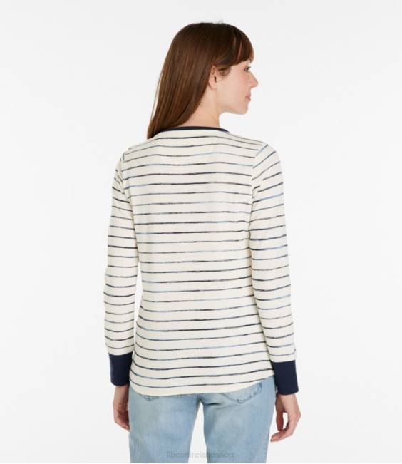 LLBean Unshrinkable Mini-Waffle Tee Women J46J3041 Clothing Sailcloth Painterly Stripe