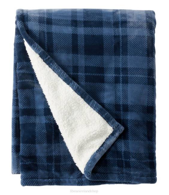 LLBean Wicked Plush Sherpa Throw Plaid Unisex J46J2921 Bedding Nautical Navy