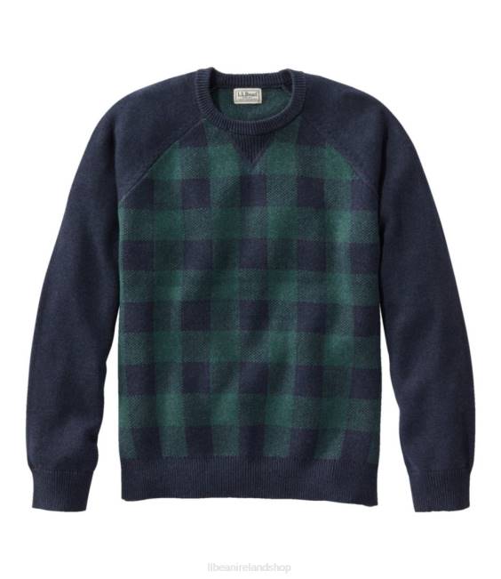 LLBean Wicked Soft Cotton/Cashmere Sweater Men J46J4958 Clothing Black Forest Green Buffalo Check