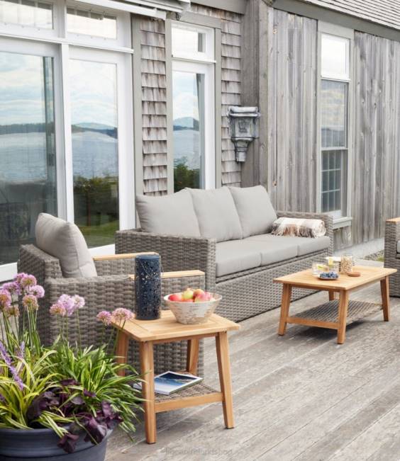 LLBean Wicker Storage Sofa and Teak Coffee Table Set Unisex J46J2871 Backyard  Patio Sand