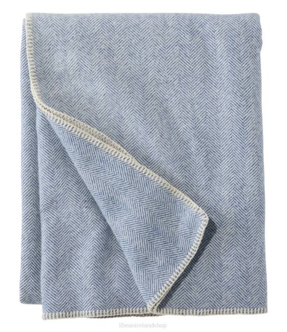 L.L.Bean Washable Wool Blanket Herringbone Unisex J46J4378 Bedding Blue/Cream