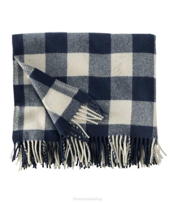 L.L.Bean Washable Wool Throw Unisex J46J4386 Bedding Cream/Indigo Heather Buffalo Check