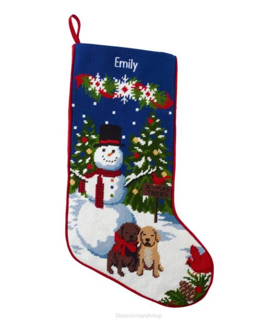 L.L.Bean Needlepoint Christmas Stocking Unisex J46J6816 Home Decor Snowman w/Puppies