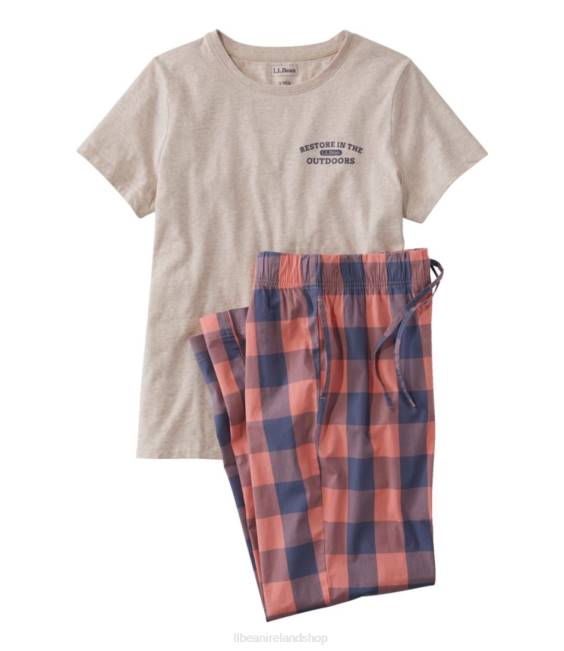 L.L.Bean Comfort Stretch Sleep PJ Set Women J46J6521 Clothing Peach Sherbet Plaid