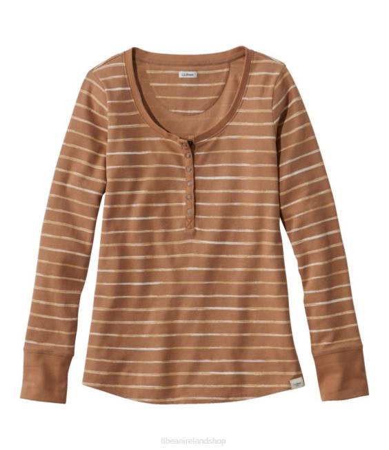 L.L.Bean Unshrinkable Mini-Waffle Tee Women J46J129 Clothing Honey Brown Painterly Stripe