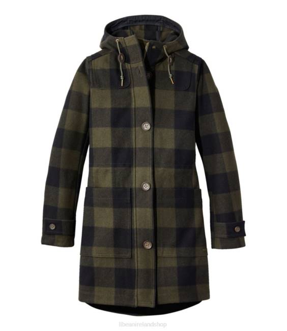 L.L.Bean West End Wool Coat Women J46J3691 Outerwear Deep Olive Buffalo Plaid